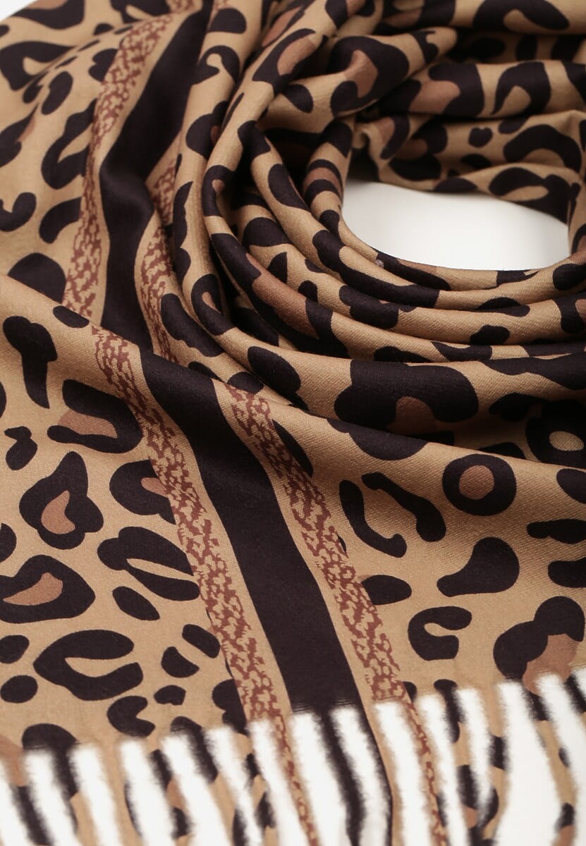 Ciemnobrązowy Wiskozowy Szalik w Panterkę Wykończony Frędzlami Alefera 2