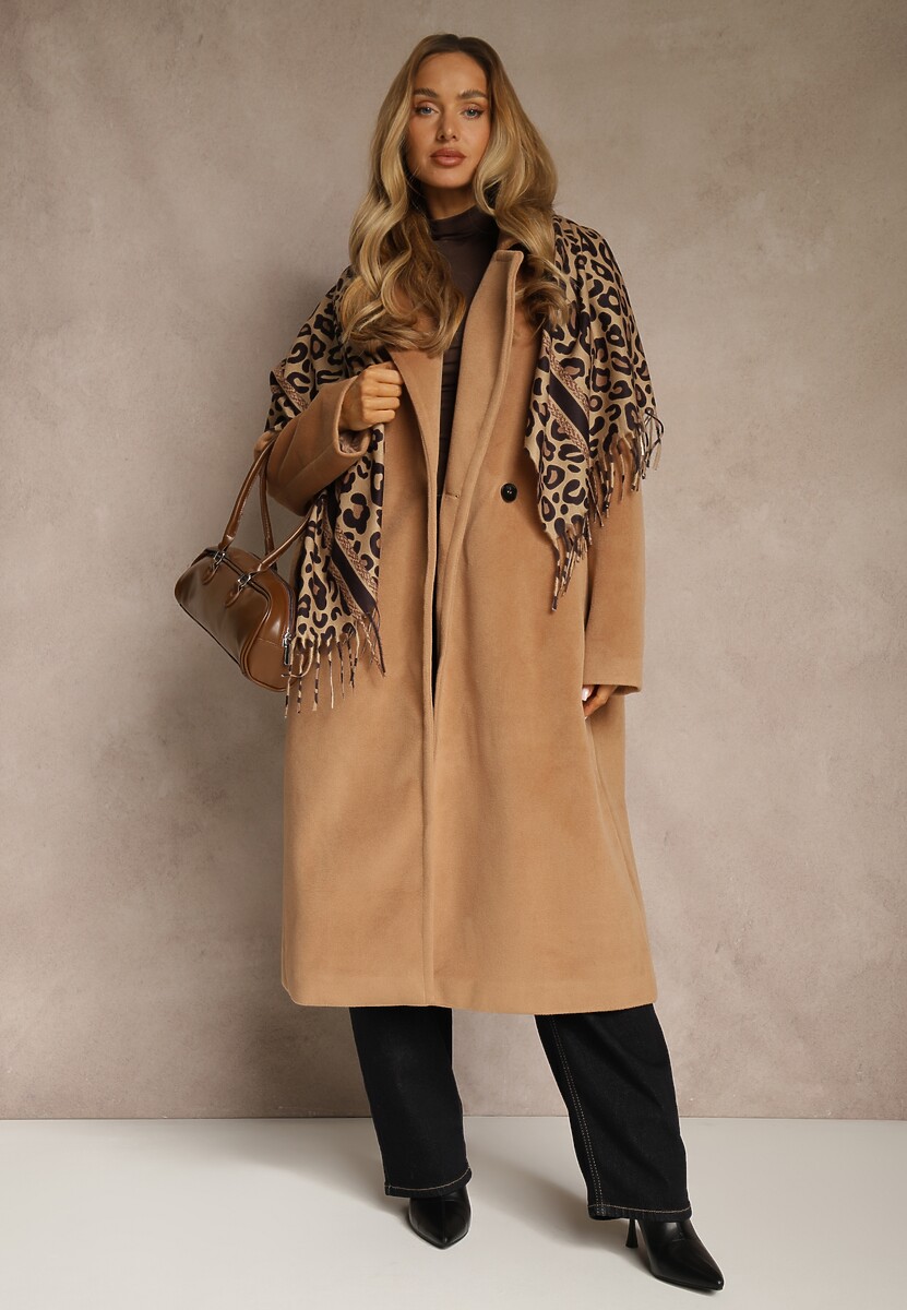 Ciemnobrązowy Wiskozowy Szalik w Panterkę Wykończony Frędzlami Alefera 4