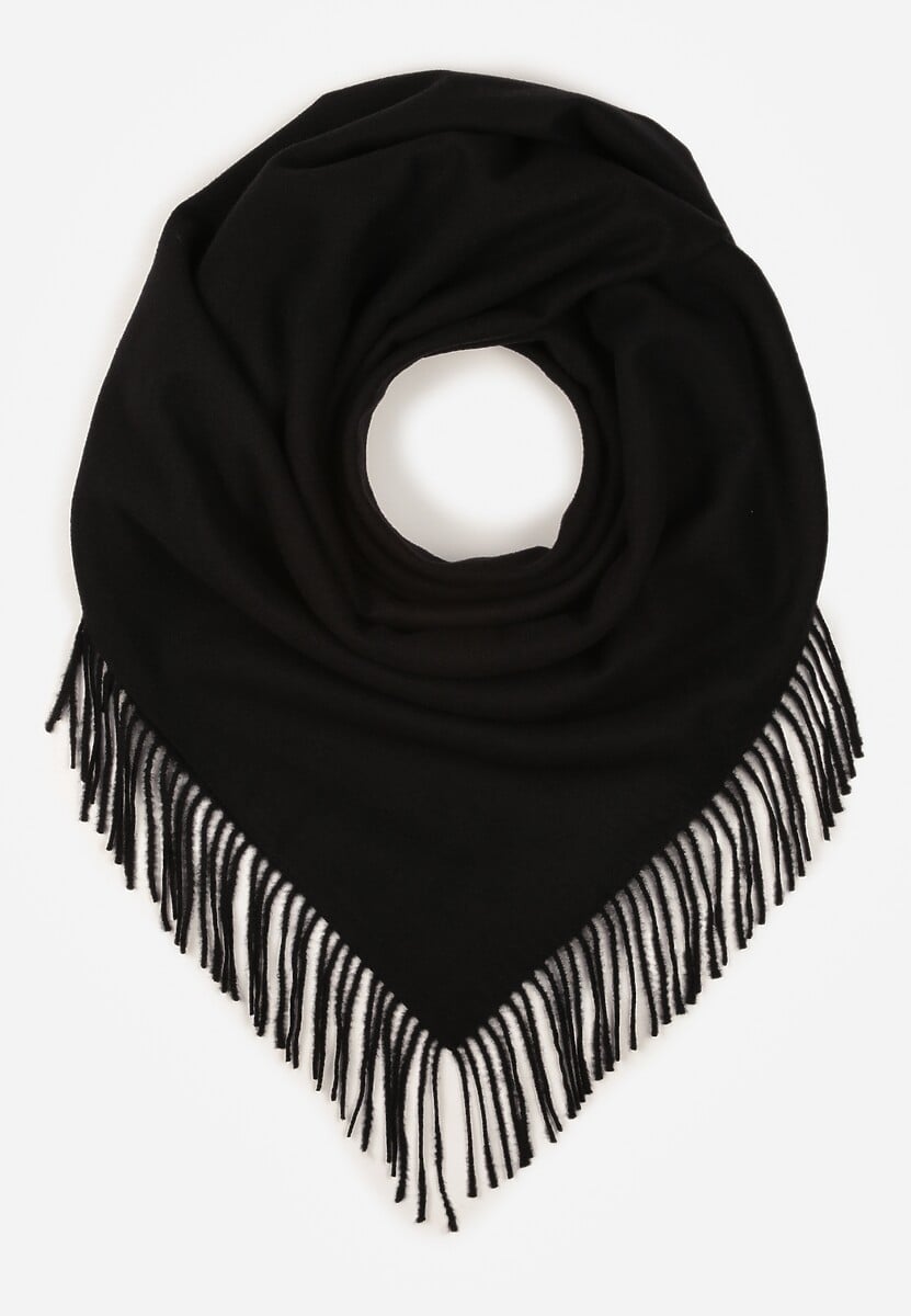 Czarny Bawełniano-Wiskozowy Szalik w Kształcie Trójkąta z Frędzlami Vetisara 1