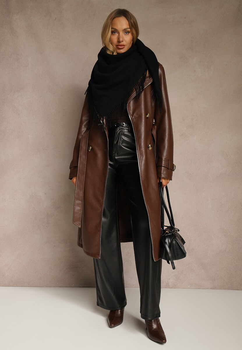 Czarny Bawełniano-Wiskozowy Szalik w Kształcie Trójkąta z Frędzlami Vetisara 2