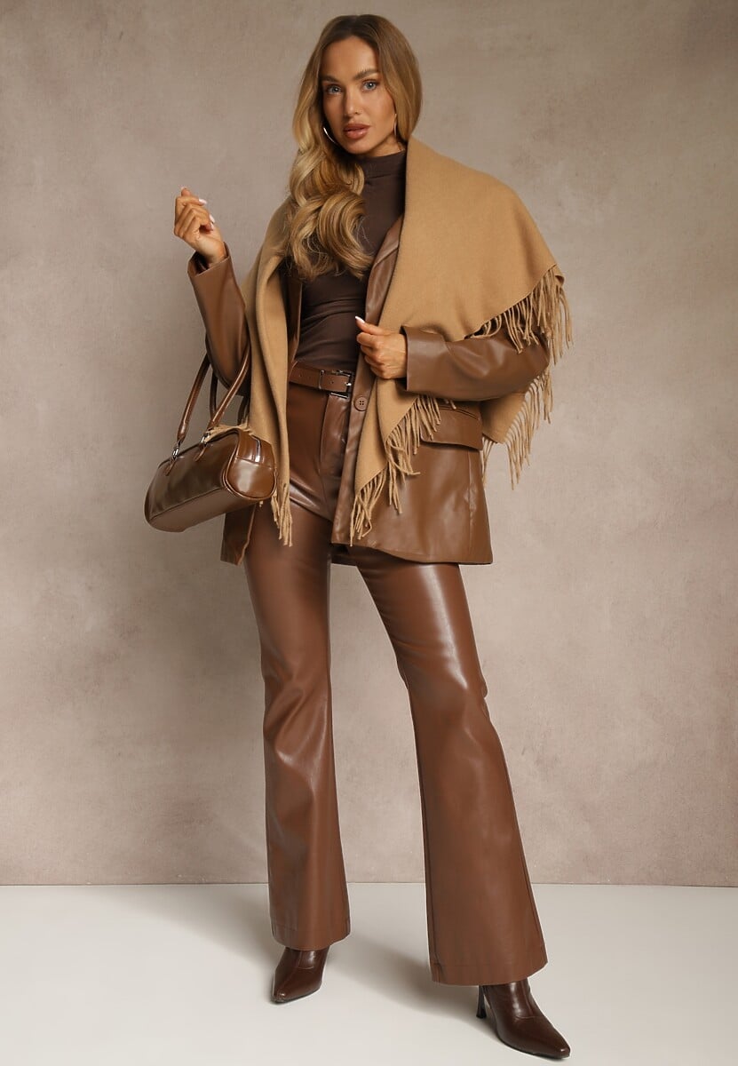 Brązowy Bawełniano-Wiskozowy Szalik w Kształcie Trójkąta z Frędzlami Vetisara 2