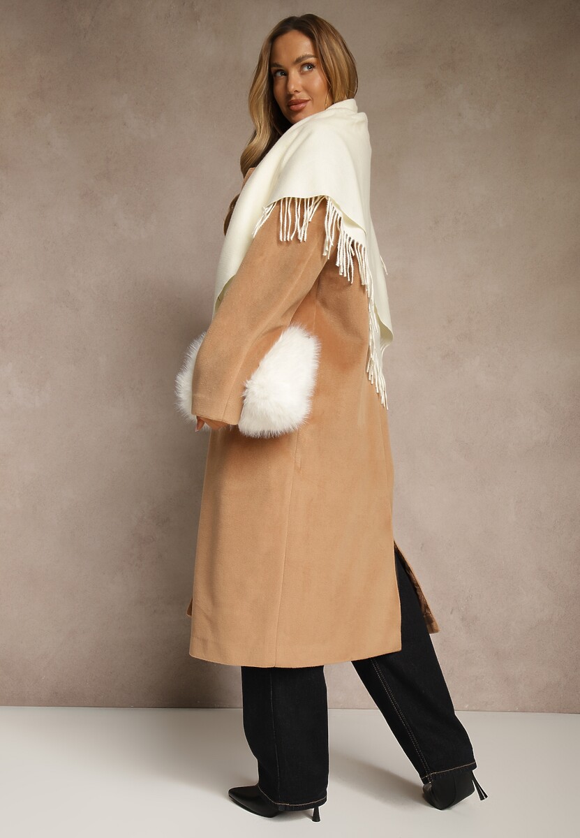 Jasnobeżowy Bawełniano-Wiskozowy Szalik w Kształcie Trójkąta z Frędzlami Vetisara 2