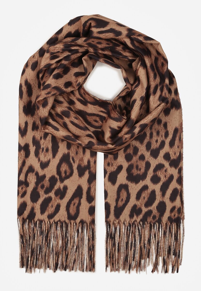 Brązowy Wiskozowy Szalik w Panterkę z Frędzlami Feriella 1