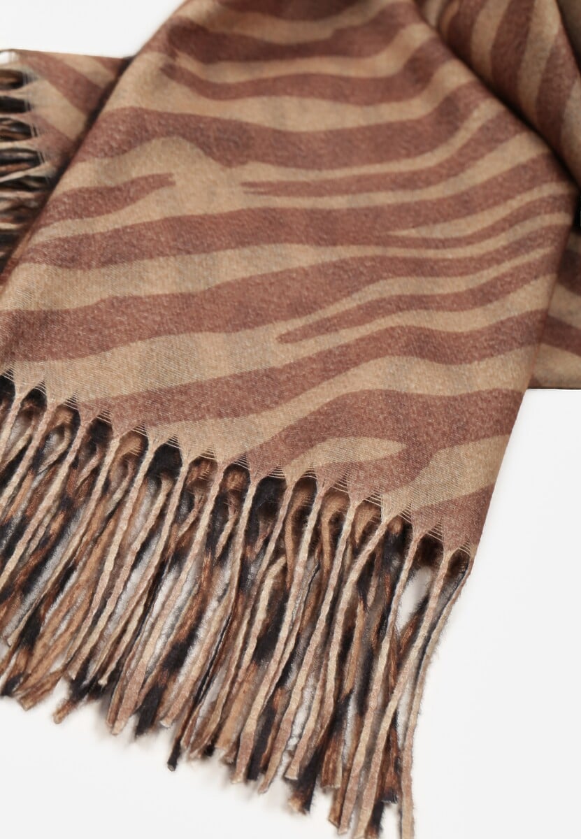 Brązowy Wiskozowy Szalik w Panterkę z Frędzlami Feriella 2