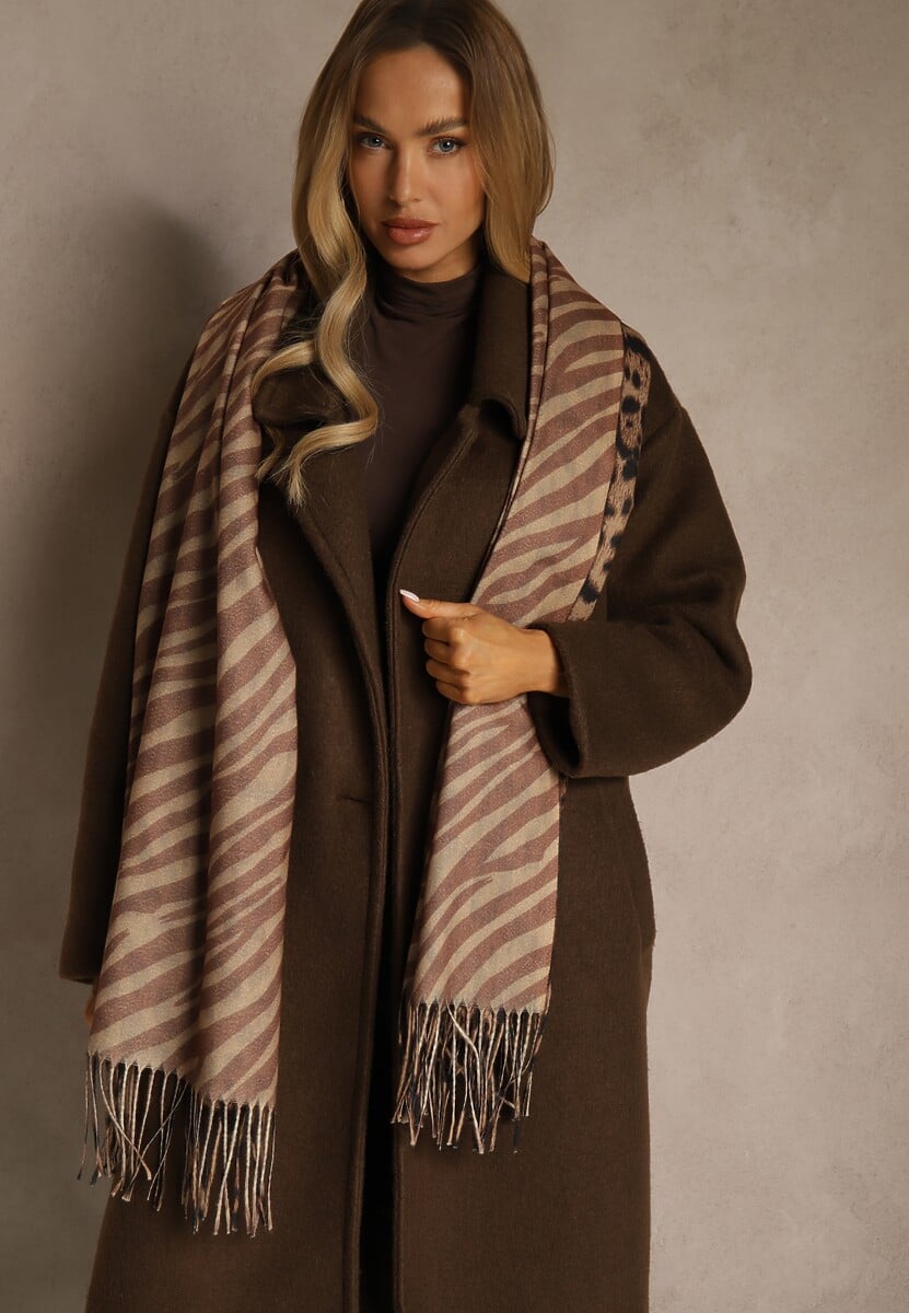 Brązowy Wiskozowy Szalik w Panterkę z Frędzlami Feriella 1