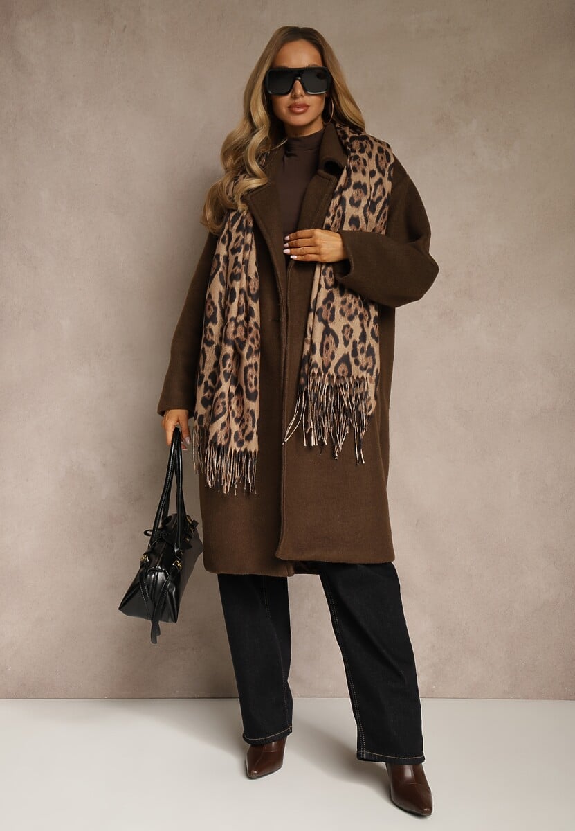 Brązowy Wiskozowy Szalik w Panterkę z Frędzlami Feriella 2