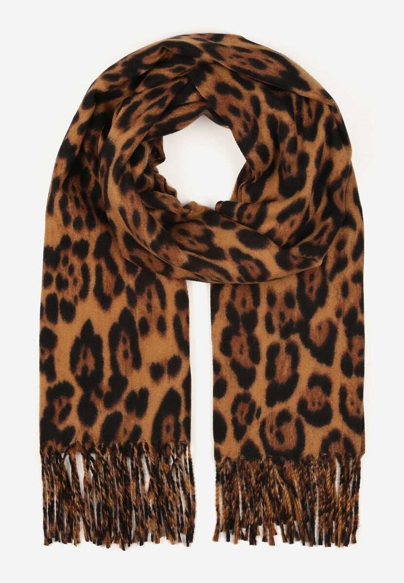 Brązowy Panterkowy Szalik z Wiskozy Zdobiony Frędzlami Ferialda 1