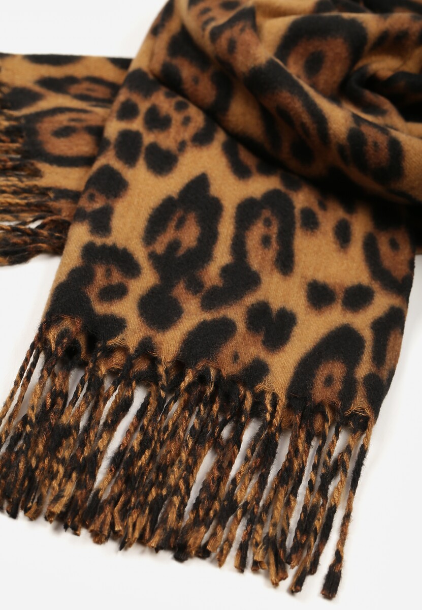 Brązowy Panterkowy Szalik z Wiskozy Zdobiony Frędzlami Ferialda 2