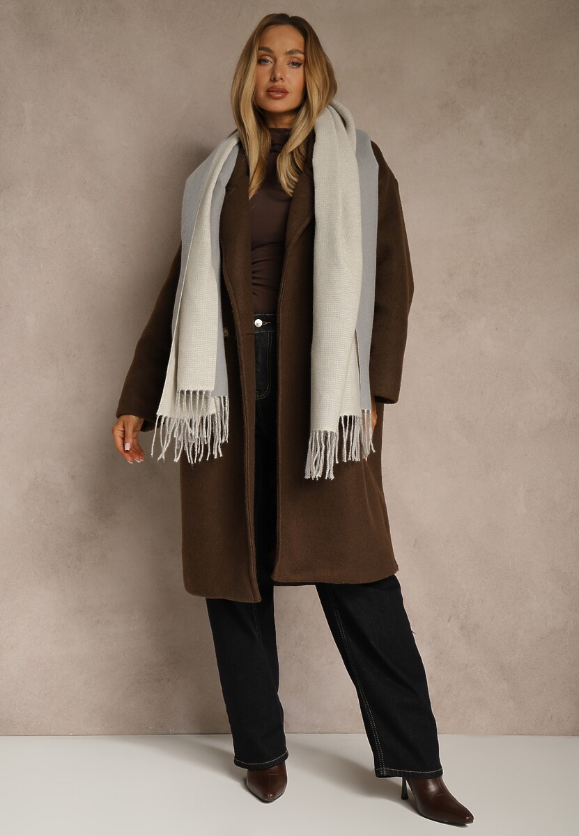 Ciemnoszary Szalik z Bawełny i Wiskozy o Klasycznym Fasonie z Frędzlami Vetirosa 2