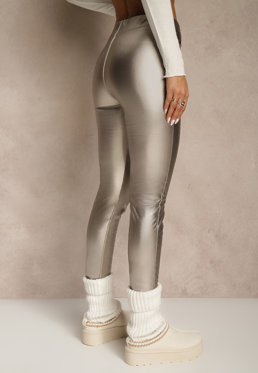 Szampańskie Legginsy High Waist z Imitacji Skóry z Gumką w Pasie Ozdobione Guzikami Sinairis 3