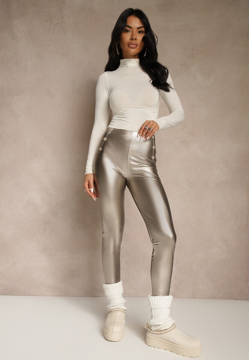 Szampańskie Legginsy High Waist z Imitacji Skóry z Gumką w Pasie Ozdobione Guzikami Sinairis 1