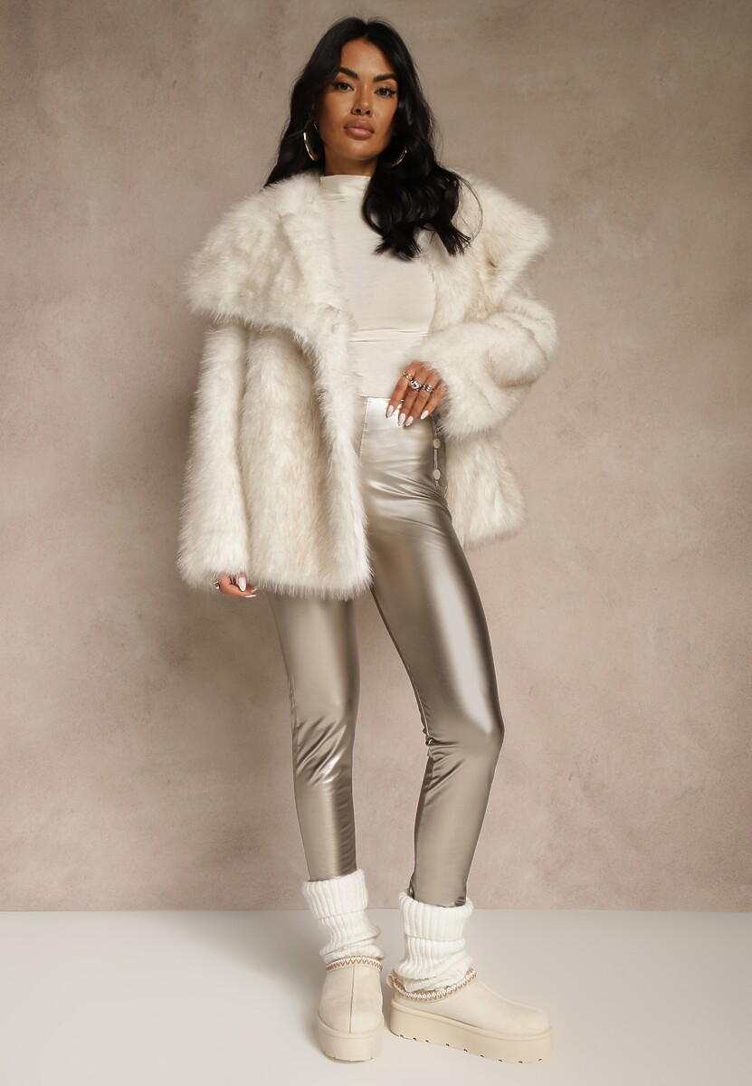 Szampańskie Legginsy High Waist z Imitacji Skóry z Gumką w Pasie Ozdobione Guzikami Sinairis 2