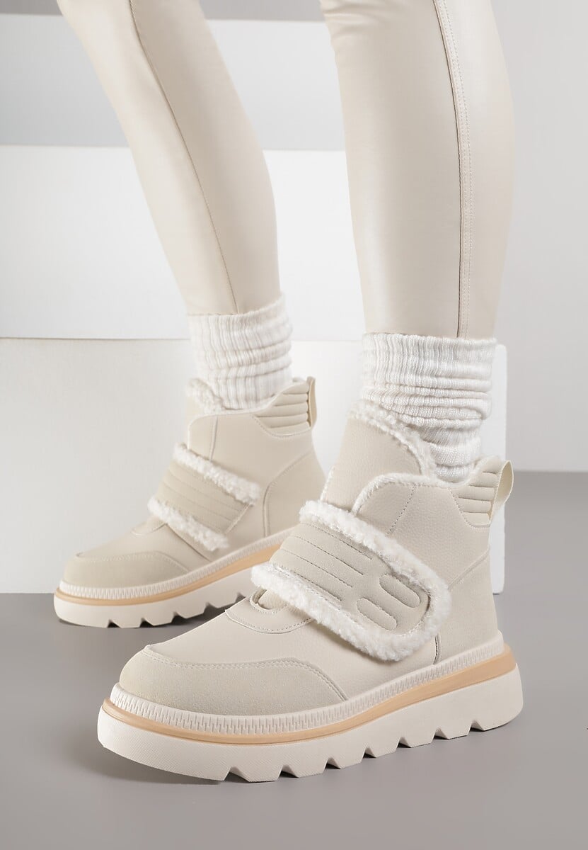 Beżowe Śniegowce Ozdobione Futerkiem i Przeszyciami Newelara 2