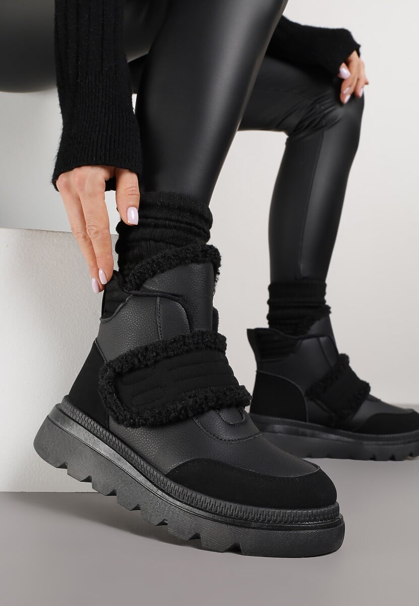 Czarne Śniegowce Ozdobione Futerkiem i Przeszyciami Newelara 2