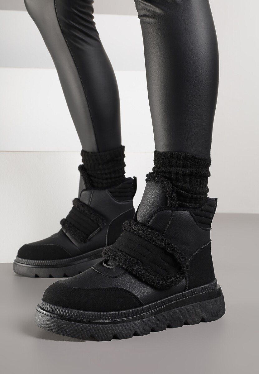 Czarne Śniegowce Ozdobione Futerkiem i Przeszyciami Newelara 3