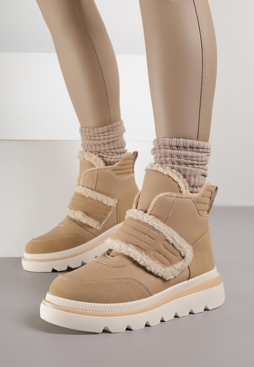 Ciemnobeżowe Śniegowce Ozdobione Futerkiem i Przeszyciami Newelara 1