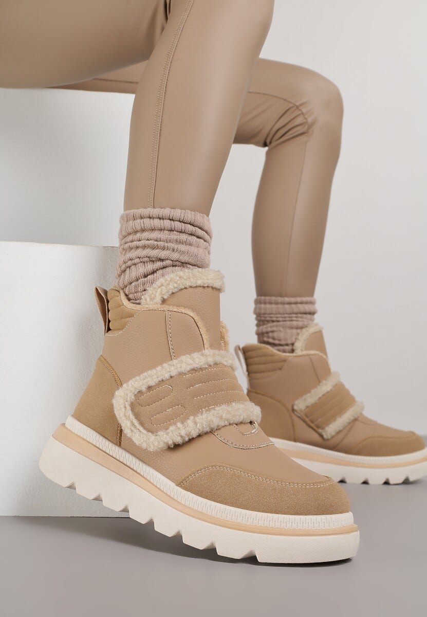 Ciemnobeżowe Śniegowce Ozdobione Futerkiem i Przeszyciami Newelara 2