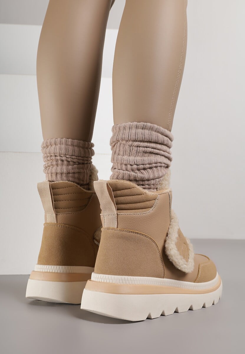 Ciemnobeżowe Śniegowce Ozdobione Futerkiem i Przeszyciami Newelara 3