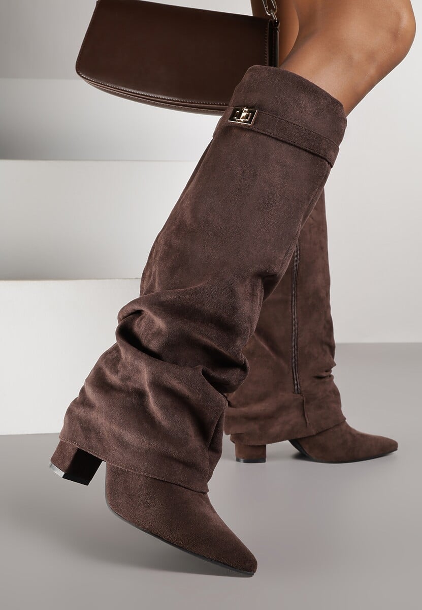 Brązowe Marszczone Kozaki na Słupkowym Obcasie z Wywiniętą Cholewką Runella 2