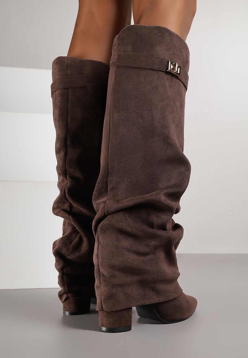 Brązowe Marszczone Kozaki na Słupkowym Obcasie z Wywiniętą Cholewką Runella 3