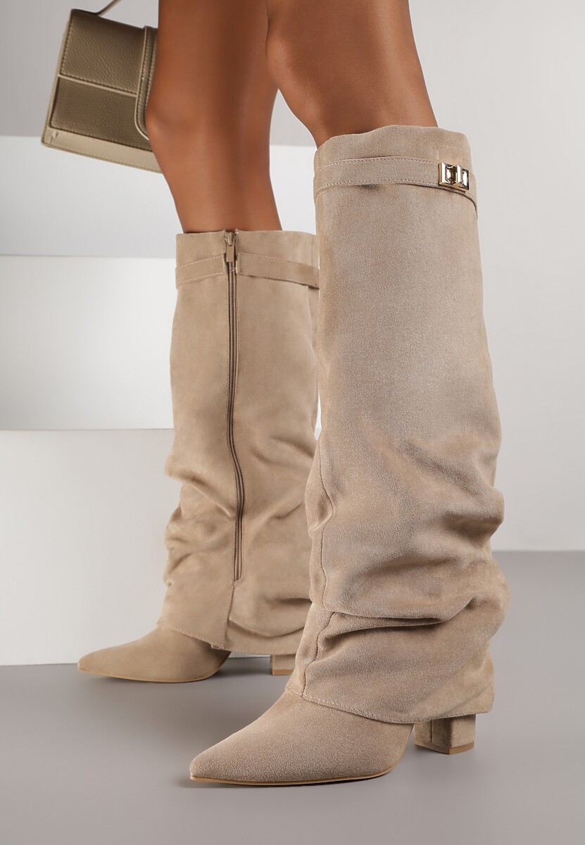 Ciemnobeżowe Marszczone Kozaki na Słupkowym Obcasie z Wywiniętą Cholewką Runella 2