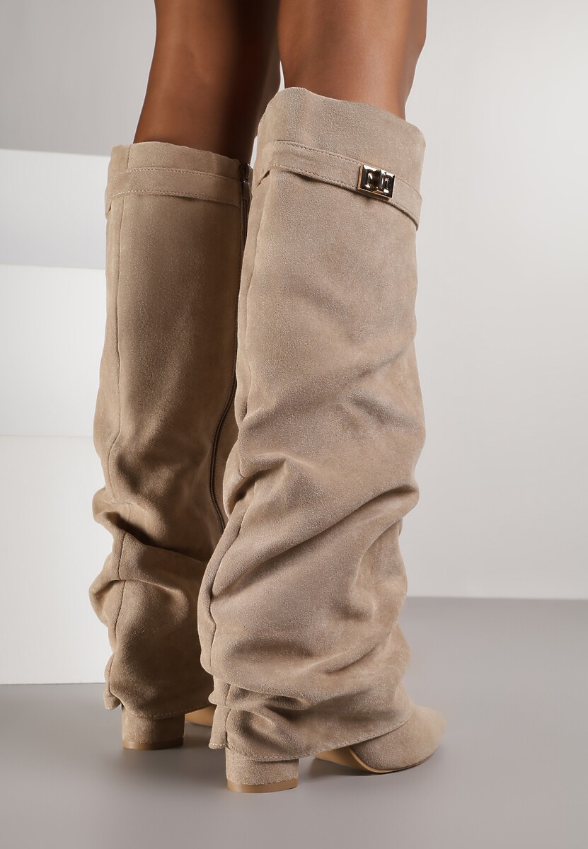 Ciemnobeżowe Marszczone Kozaki na Słupkowym Obcasie z Wywiniętą Cholewką Runella 3