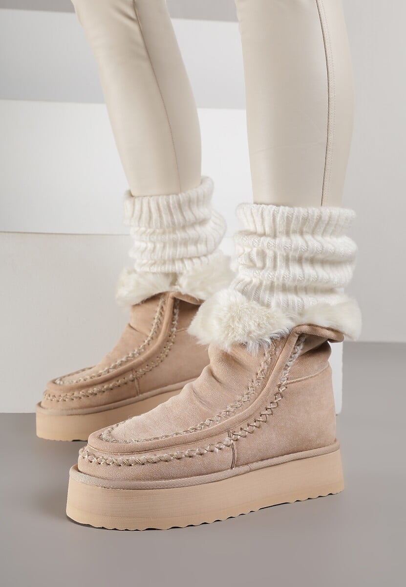 Beżowe Śniegowce Ozdobione Haftem Rawedena 3