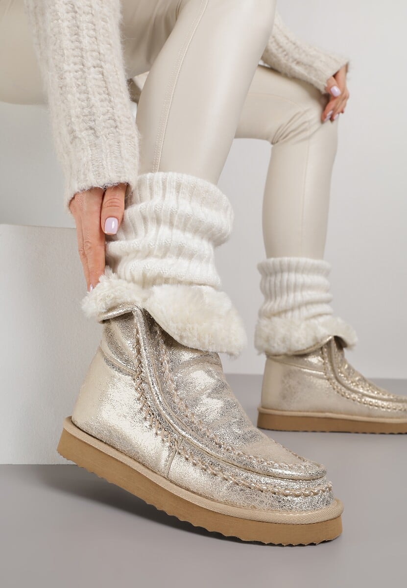 Złote Metaliczne Śniegowce Wsuwane Zdobione Futerkiem Vetirene 1