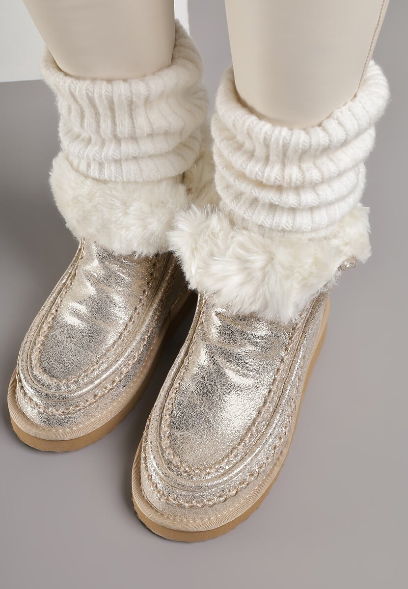 Złote Metaliczne Śniegowce Wsuwane Zdobione Futerkiem Vetirene 3