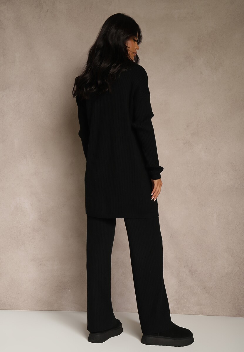 Czarny Komplet z Dzianiny z Wiskozą Spodnie Bluzka ze Stójką i Kardigan Vetisene 3