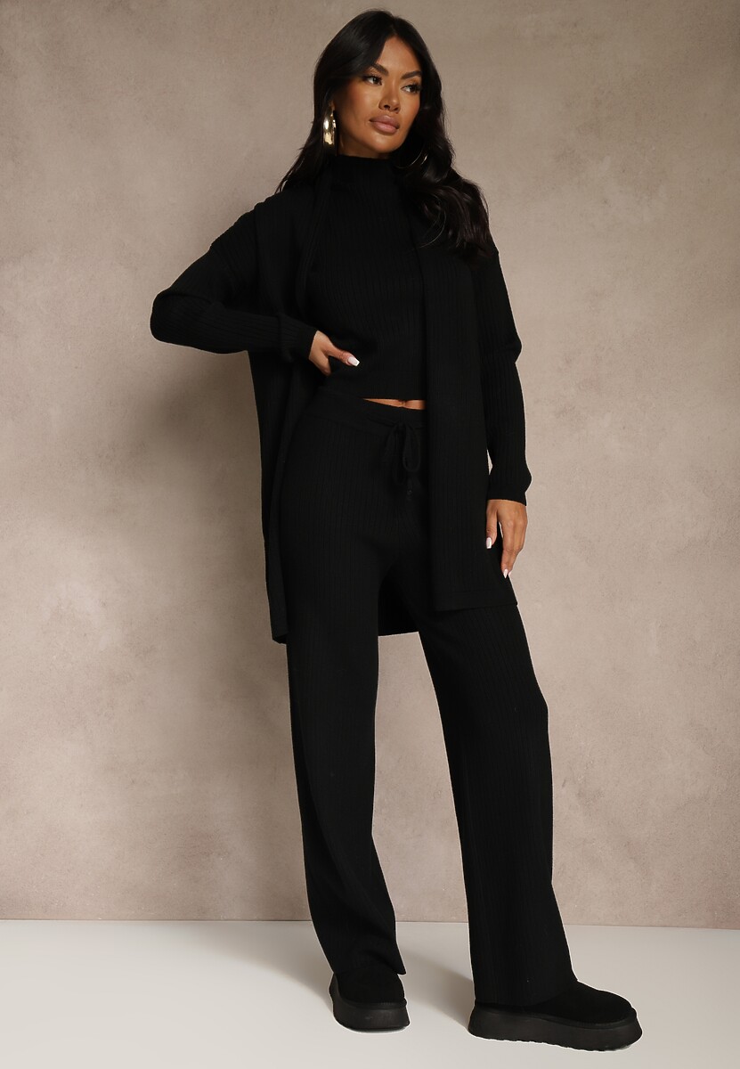 Czarny Komplet z Dzianiny z Wiskozą Spodnie Bluzka ze Stójką i Kardigan Vetisene 1