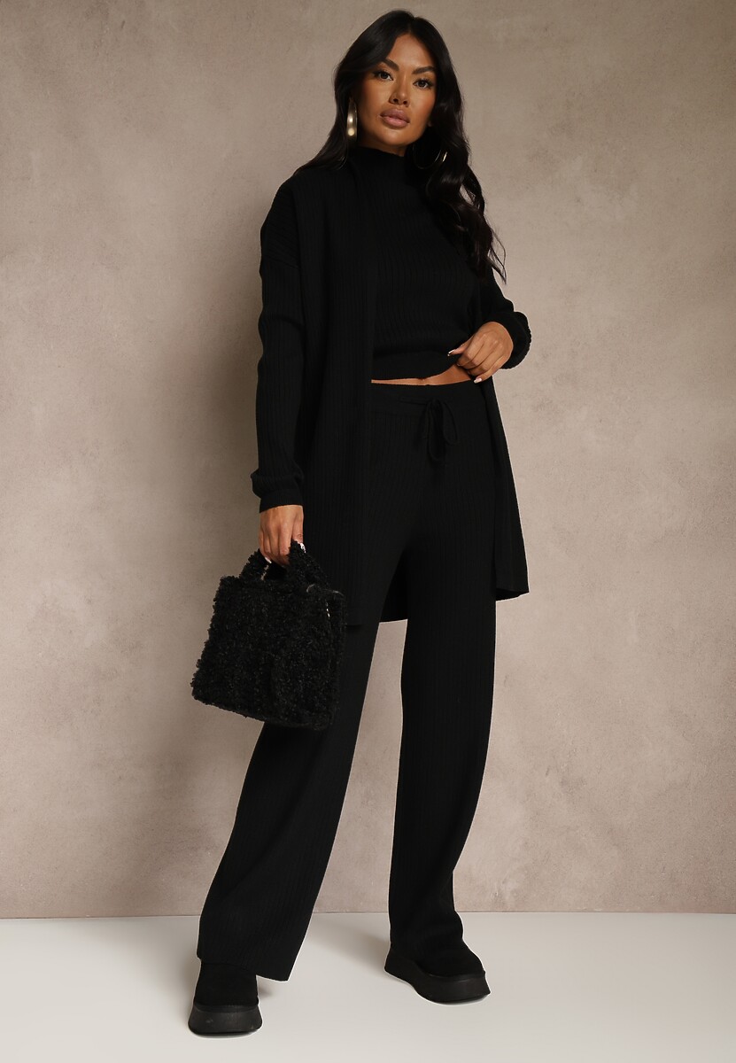 Czarny Komplet z Dzianiny z Wiskozą Spodnie Bluzka ze Stójką i Kardigan Vetisene 2