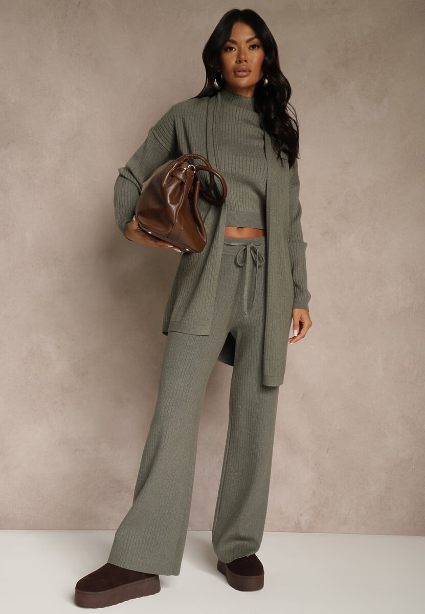 Ciemnozielony Komplet z Dzianiny z Wiskozą Spodnie Bluzka ze Stójką i Kardigan Vetisene 1
