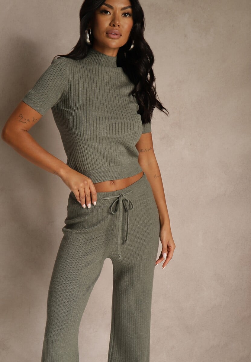 Ciemnozielony Komplet z Dzianiny z Wiskozą Spodnie Bluzka ze Stójką i Kardigan Vetisene 2