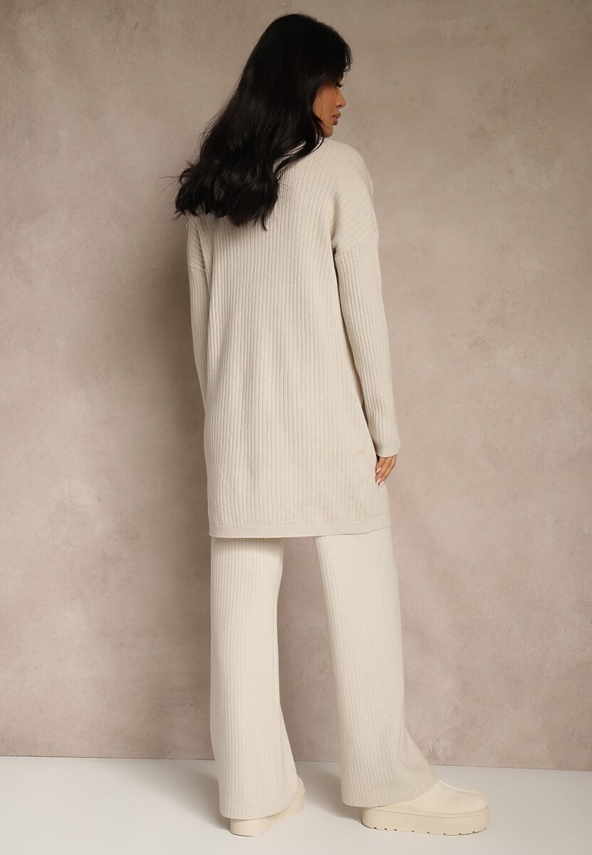 Beżowy Komplet z Dzianiny z Wiskozą Spodnie Bluzka ze Stójką i Kardigan Vetisene 3