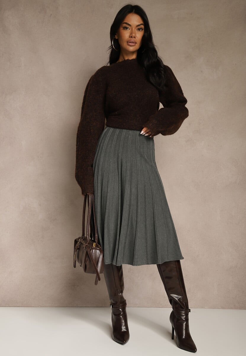 Ciemnoszara Dzianinowa Spódnica Plisowana o Rozkloszowanym Kroju Tuswia 1