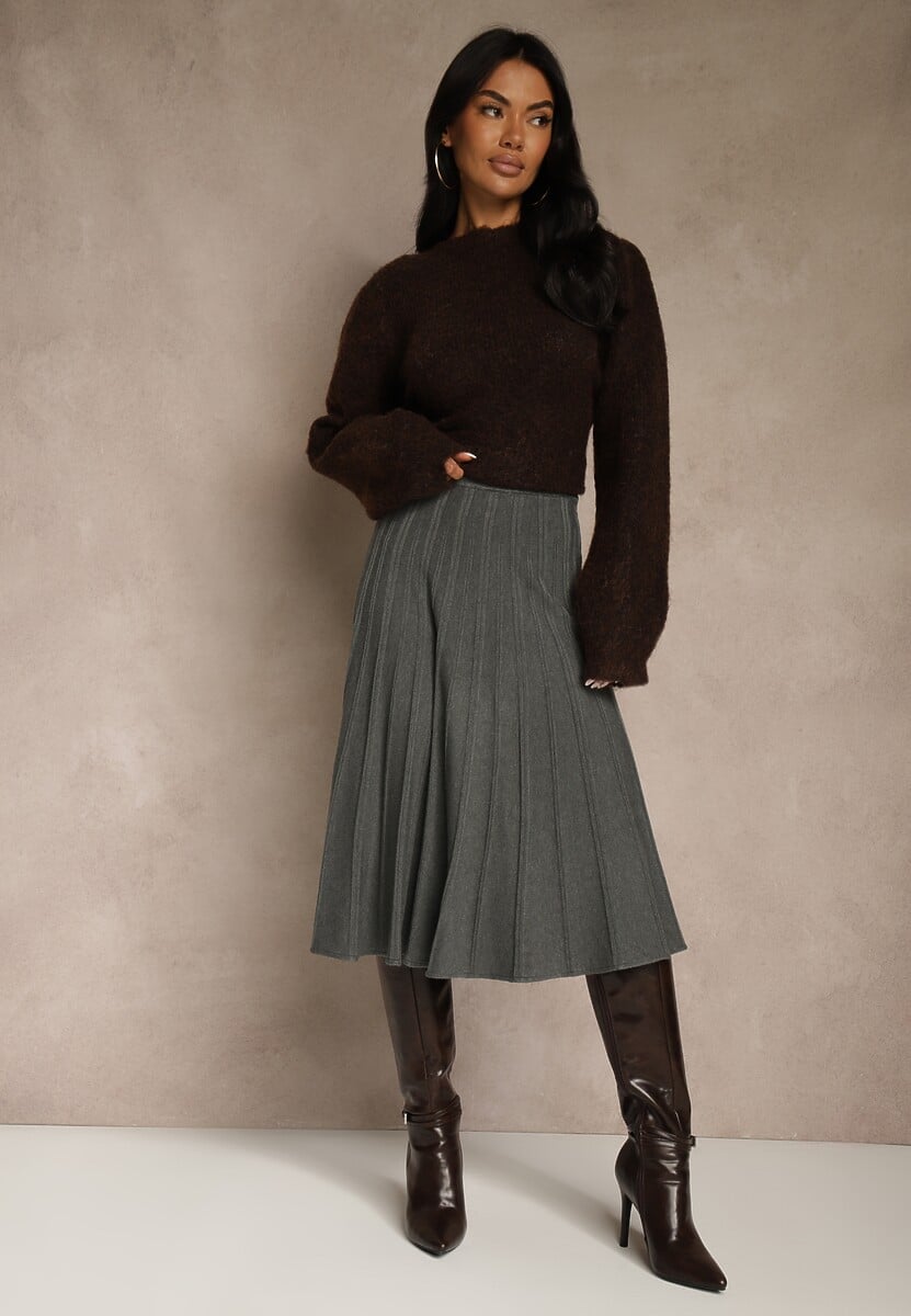 Ciemnoszara Dzianinowa Spódnica Plisowana o Rozkloszowanym Kroju Tuswia 2
