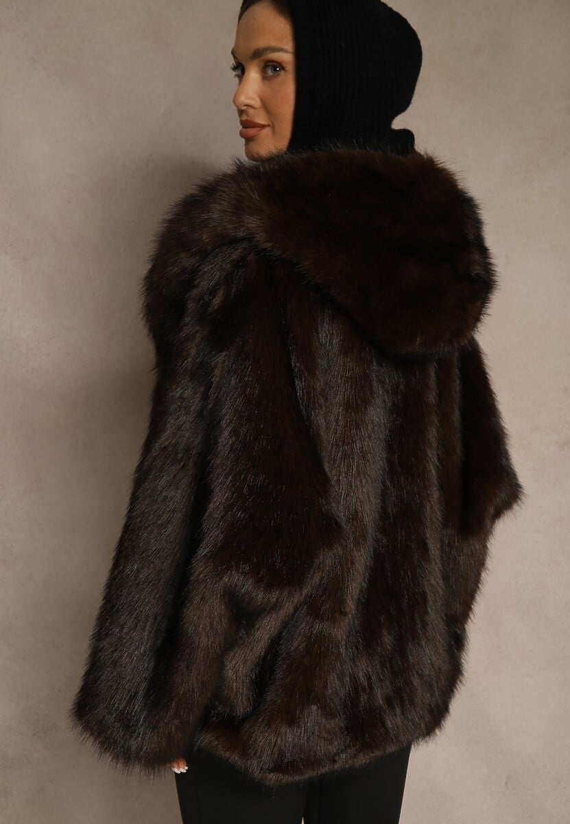 Brązowa Kurtka Futerko z Kapturem i Kieszeniami Zelafera 3