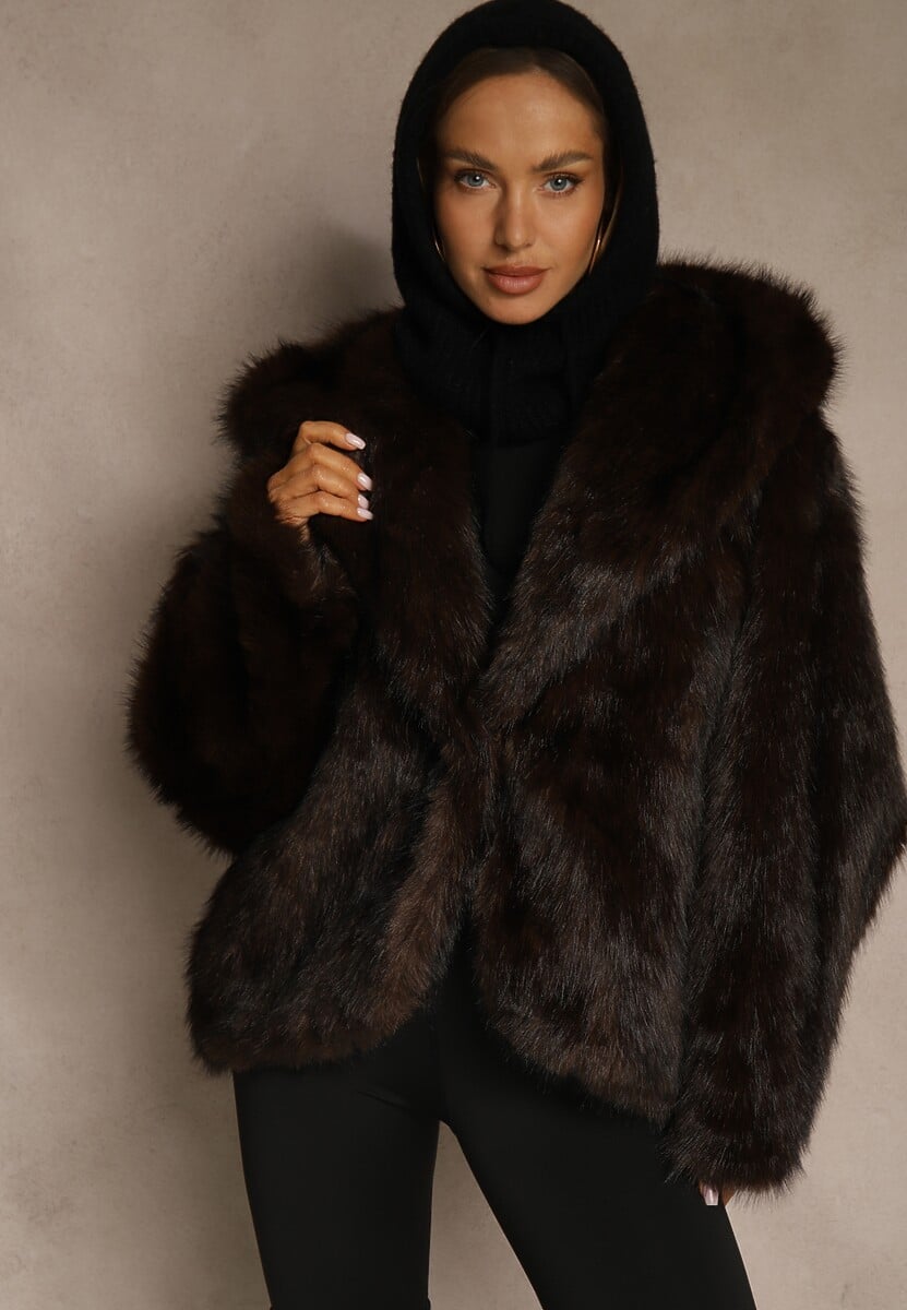 Brązowa Kurtka Futerko z Kapturem i Kieszeniami Zelafera 1