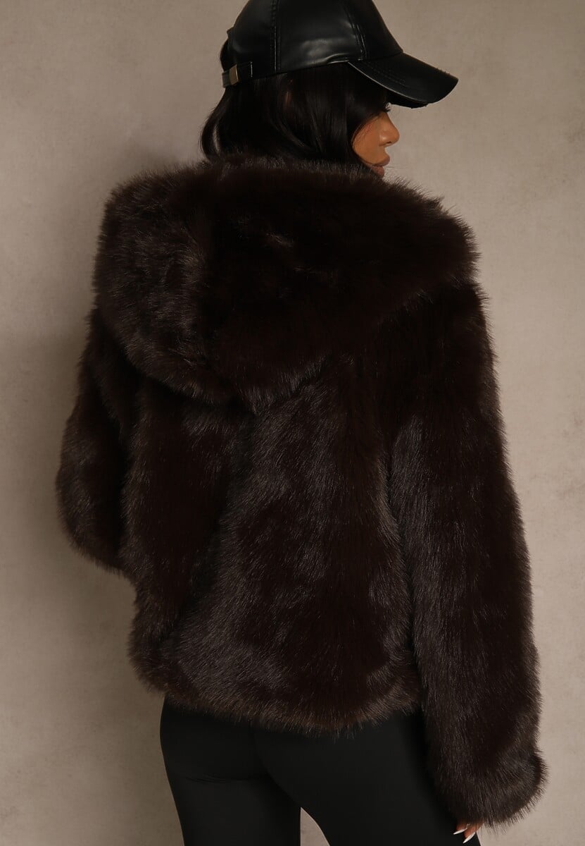 Brązowa Kurtka Futerko z Nieodpinanym Kapturem Vetisala 3