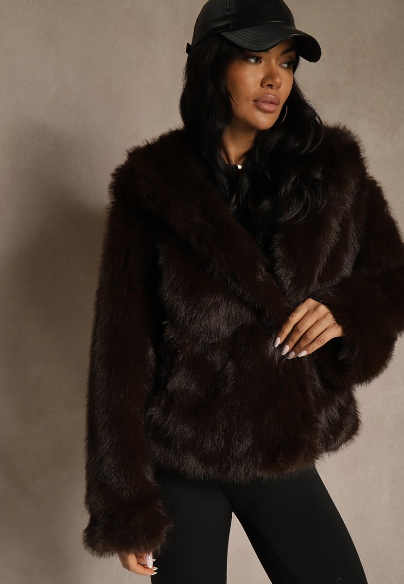 Brązowa Kurtka Futerko z Nieodpinanym Kapturem Vetisala 1