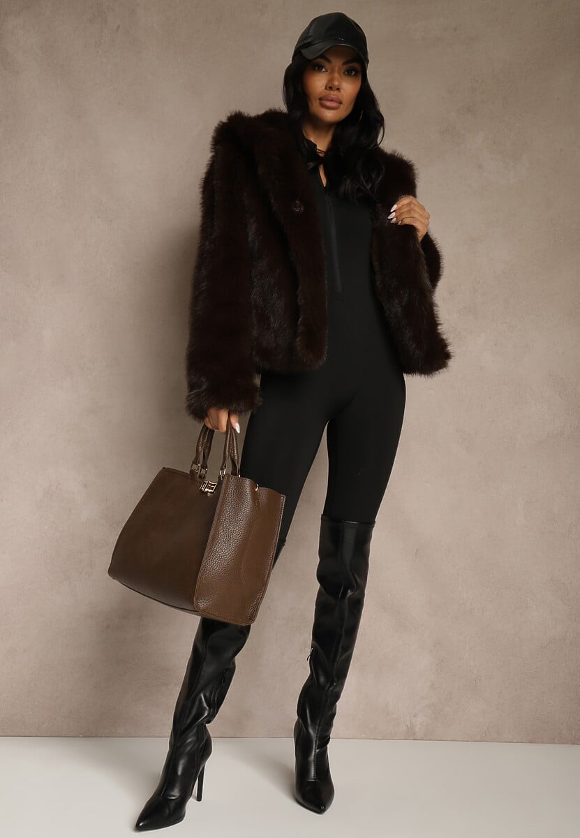 Brązowa Kurtka Futerko z Nieodpinanym Kapturem Vetisala 2