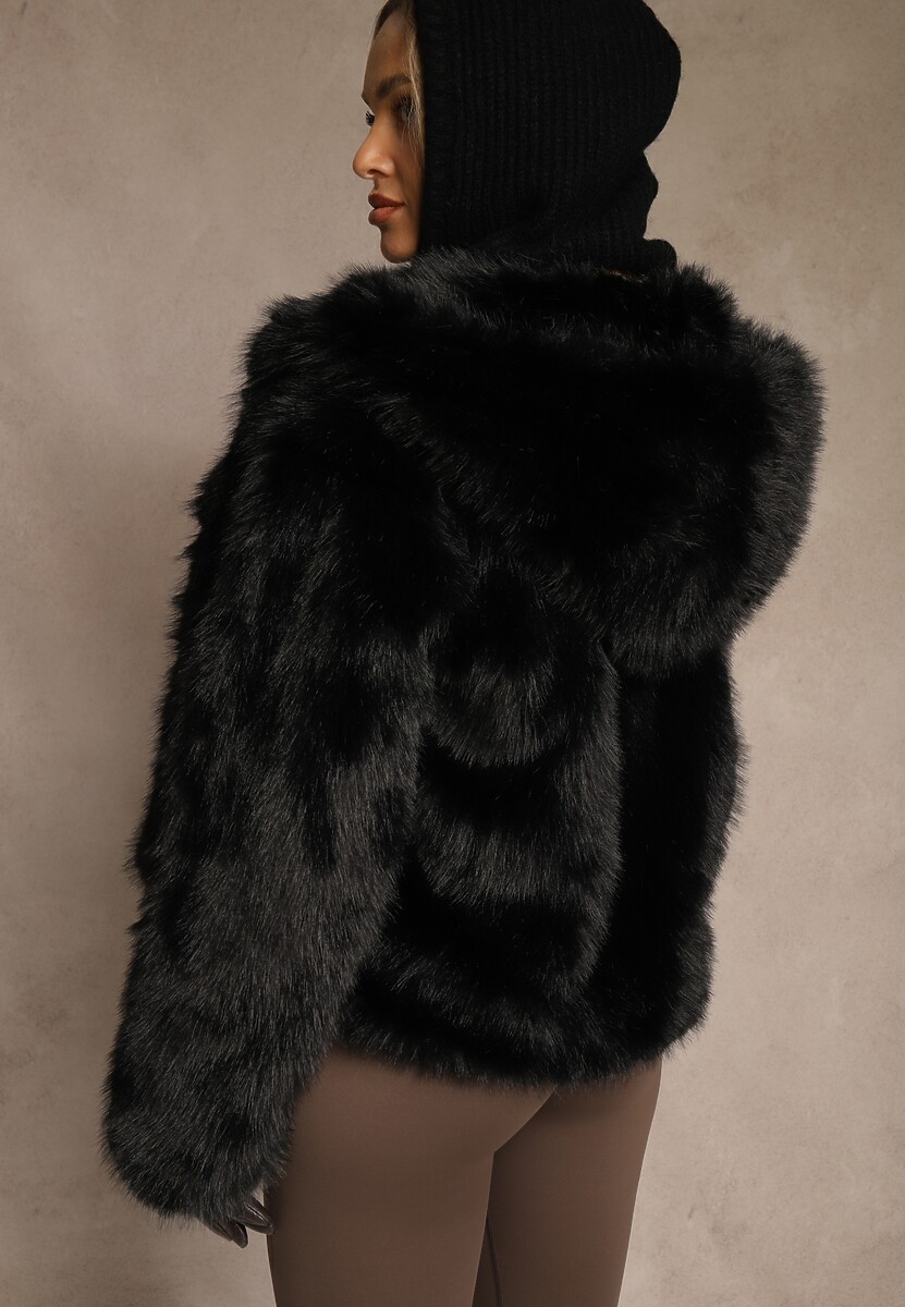 Czarna Kurtka Futerko z Nieodpinanym Kapturem Vetisala 3