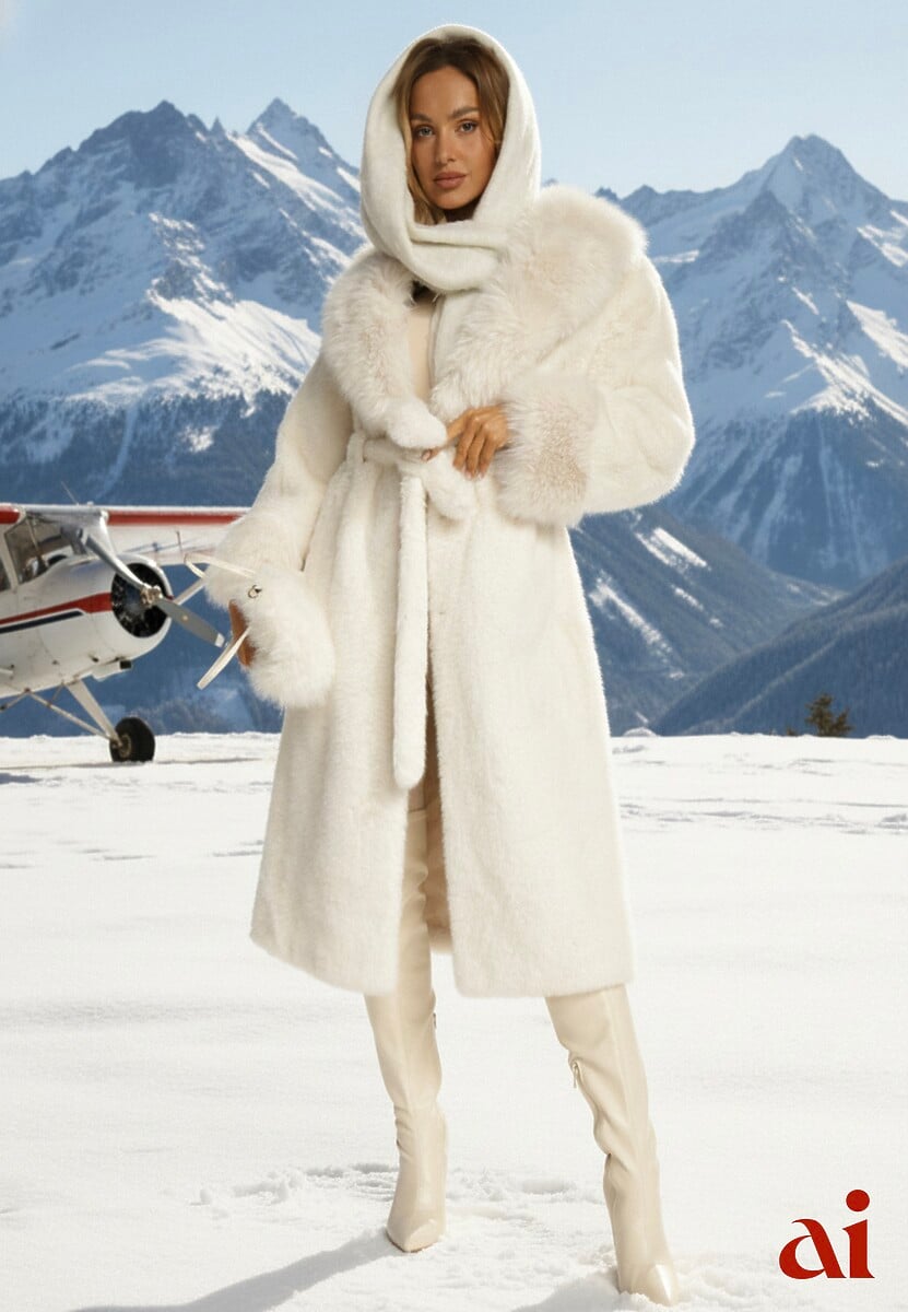 Biały Futrzany Płaszcz z Wiązanym Paskiem Ozdobnym Kołnierzem i Mankietami Viaressa 1