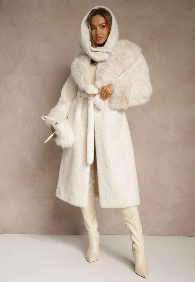 Biały Futrzany Płaszcz z Wiązanym Paskiem Ozdobnym Kołnierzem i Mankietami Viaressa 2