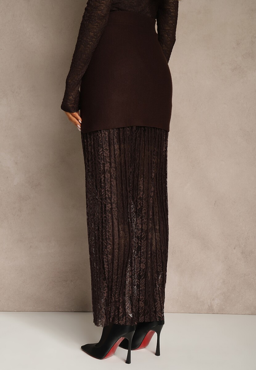 Brązowa Spódnica z Dzianiny z Wiskozą z Koronkowym Dołem Zdobiona Guzikami Sewune 3