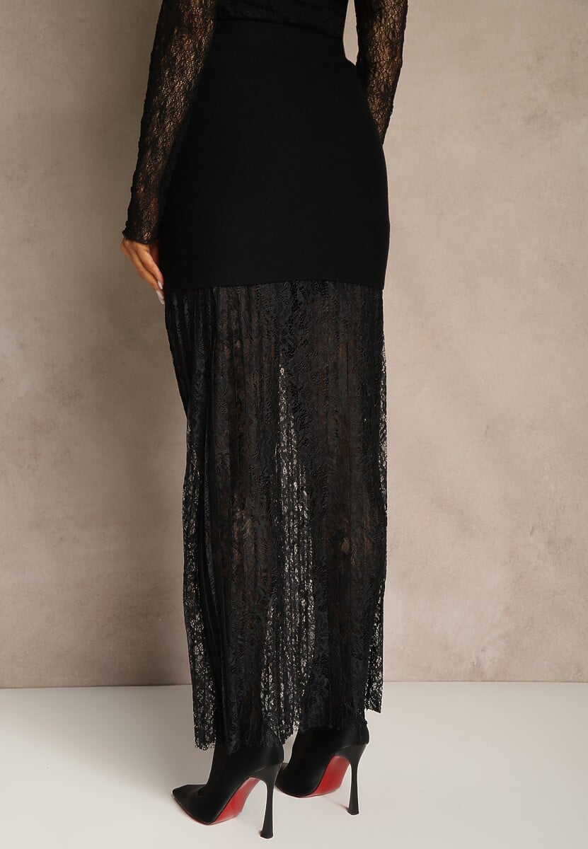 Czarna Spódnica z Dzianiny z Wiskozą z Koronkowym Dołem Zdobiona Guzikami Sewune 3