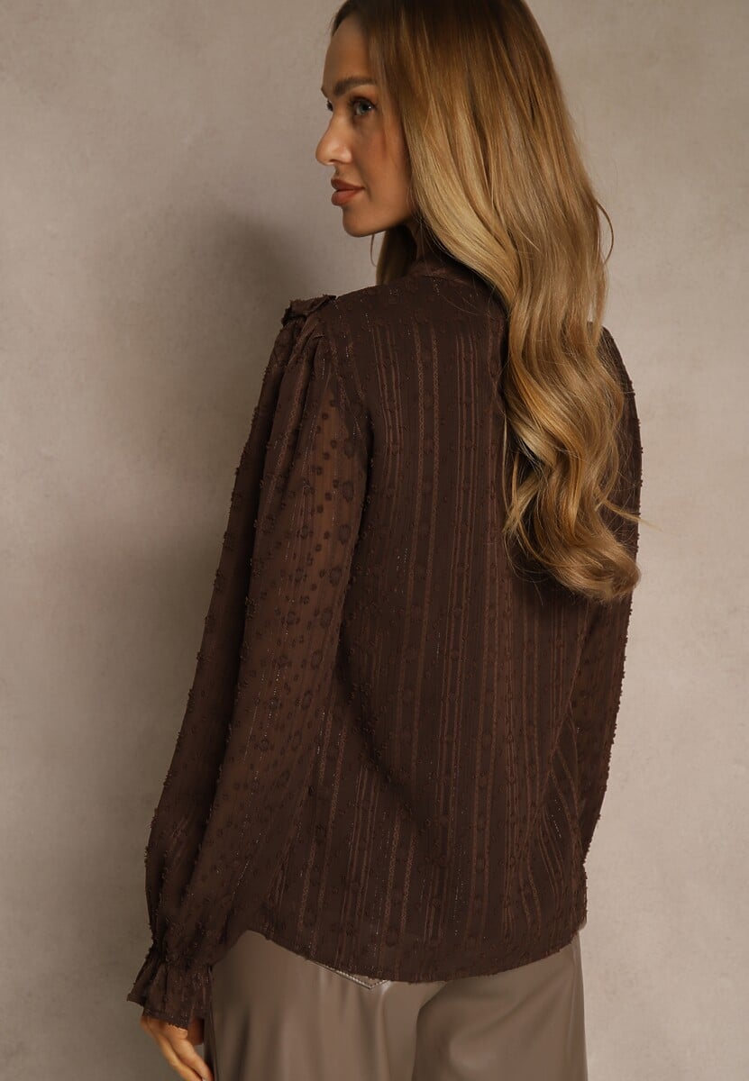 Brązowa Bluzka z Koronką i Falbankami Zdobiona Metalicznymi Przeszyciami Aliafera 3