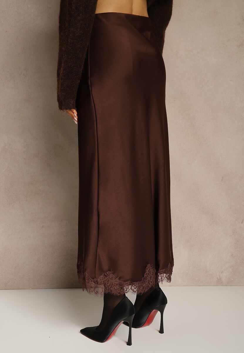 Brązowa Spódnica z Satyny Zdobiona Koronką Marefera 3