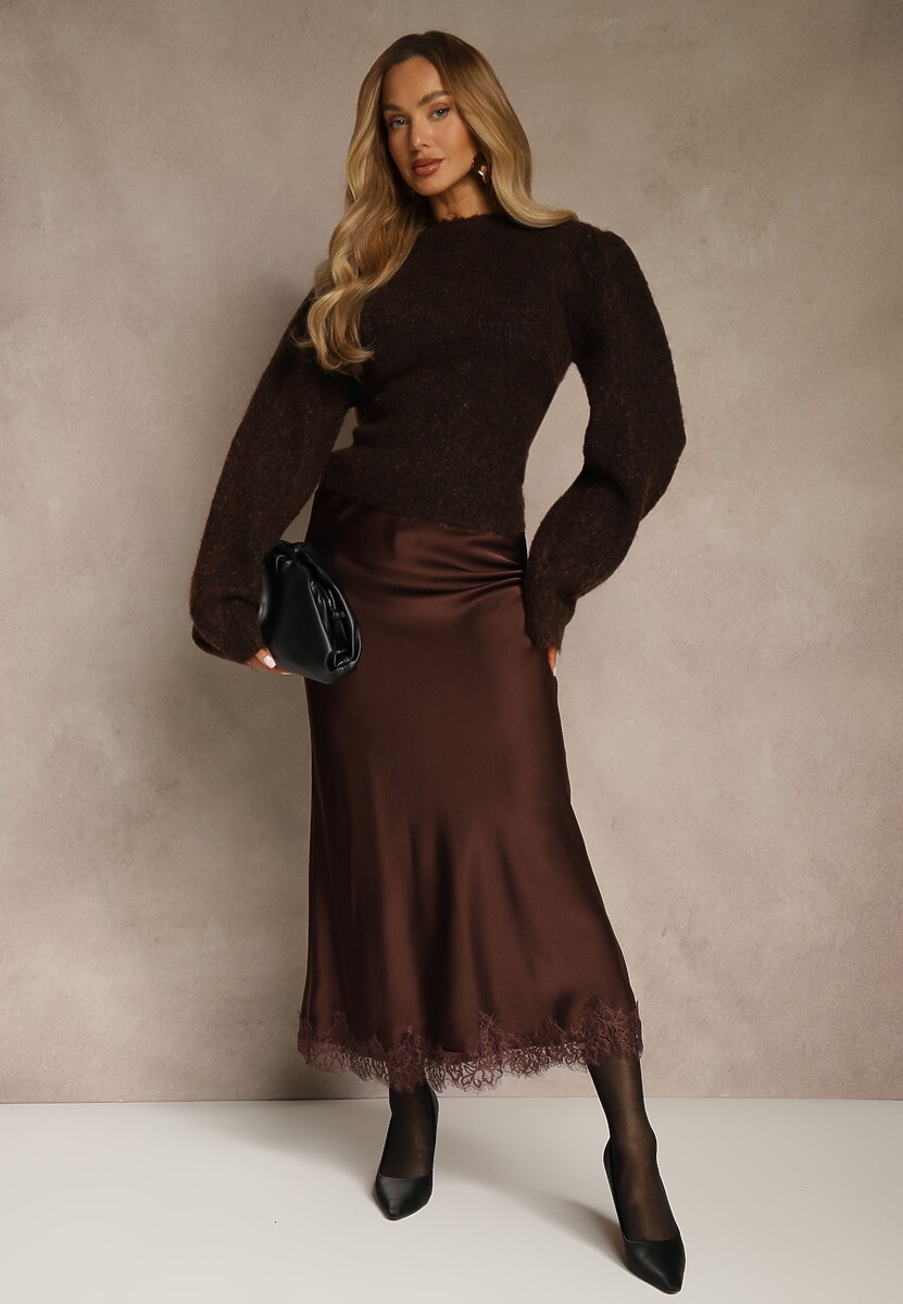 Brązowa Spódnica z Satyny Zdobiona Koronką Marefera 1